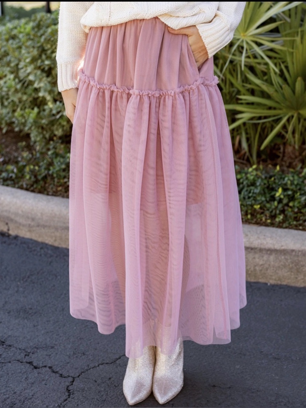 Grace & Lace Mesh Tiered Maxi Skirt in blush Size L NWT